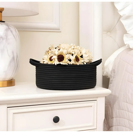 Cotton 8x3 Inch Round Bedside Organizer With Out Lid (Black)