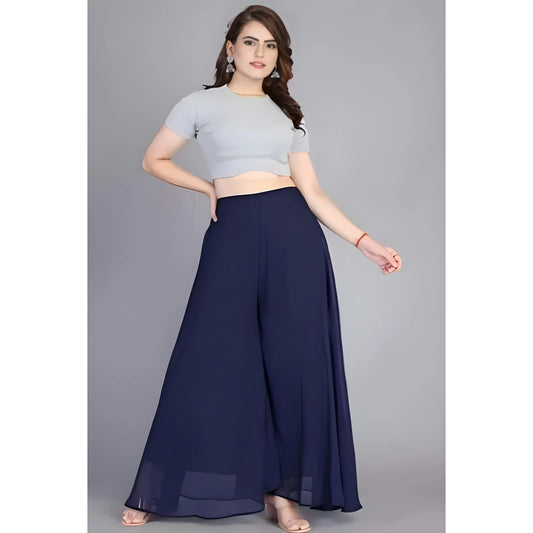 Women's Pack of 1 Georgette Solid High Rise Wide Leg Flared Palazzo with Elastic Waist (Navy Blue)