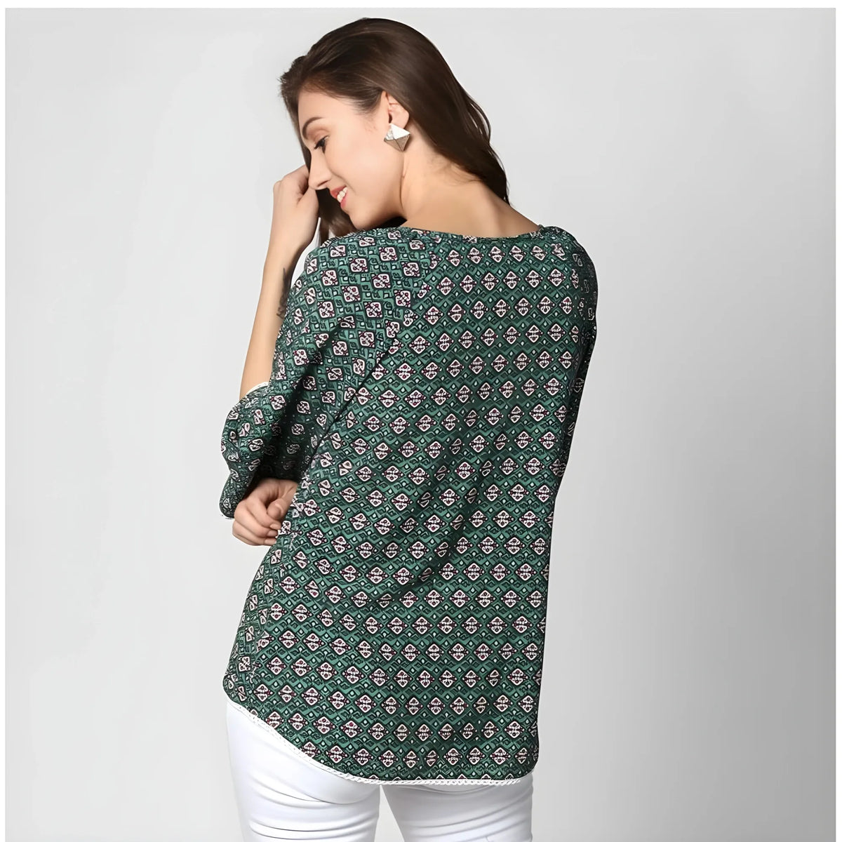 Women's Polyester Printed 3-4th Sleeves Top (Green)