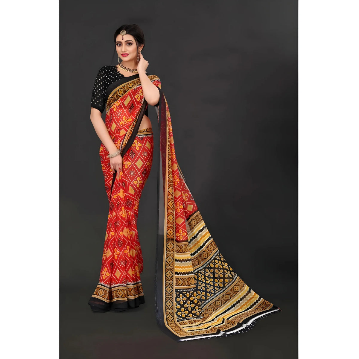Women's Georgette Floral Print Saree With Unstitched Blouse 5.5Mtr (Red)