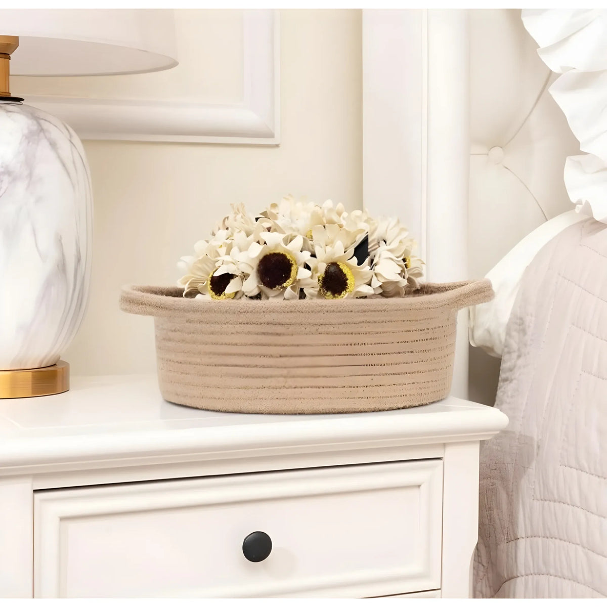 Cotton 8x3 Inch Round Bedside Organizer With Out Lid (Beige)