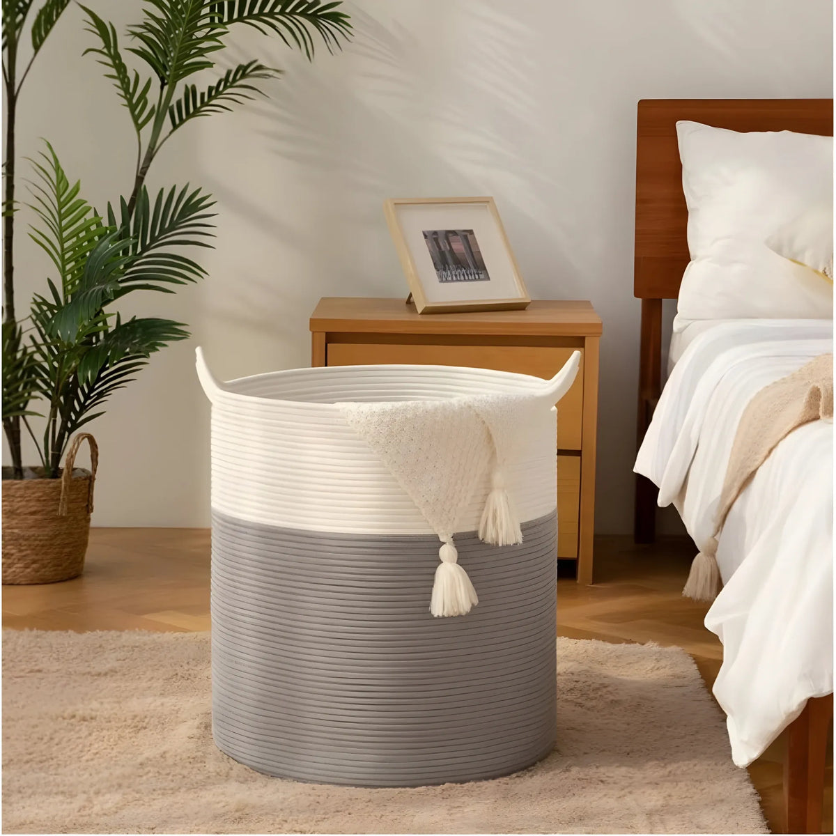Cotton 12x14 Inch-1 Pcs Storage Basket For Clothes With Out Lid (Gray-White)
