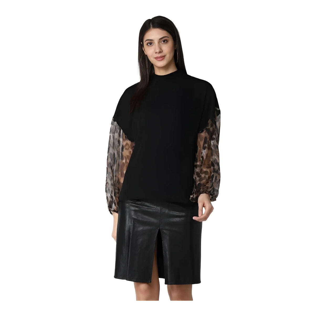 Women's Polyester Animal Print Long Sleeves Top (Black)