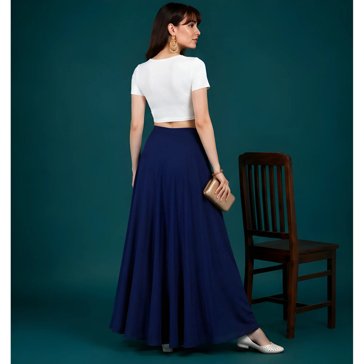 Women's Georgette Solid Mid-Rise Wide Leg Flared Palazzo with Elastic Waist (Navy Blue)