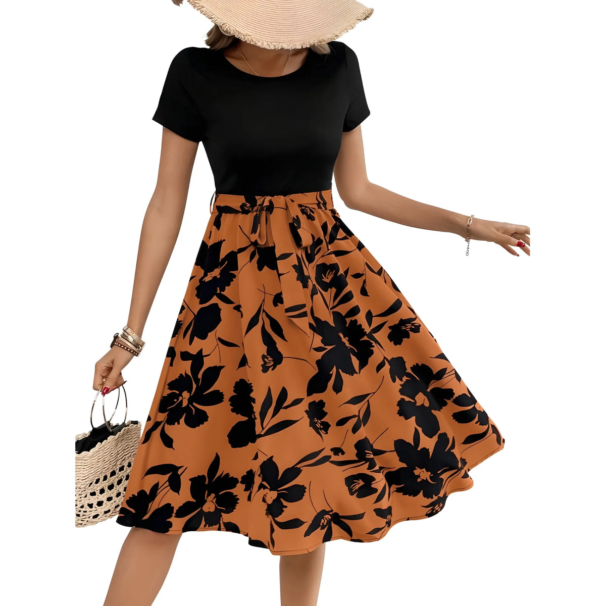 Women's Knitting Printed Round Neck Short Sleeve Dress (Orange)