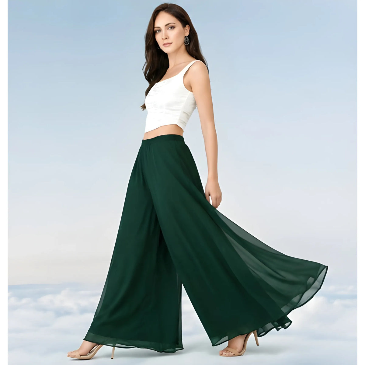Women's Pack of 2 Georgette Solid High Rise Wide Leg Flared Palazzos with Elastic Waist (Bottle Green)