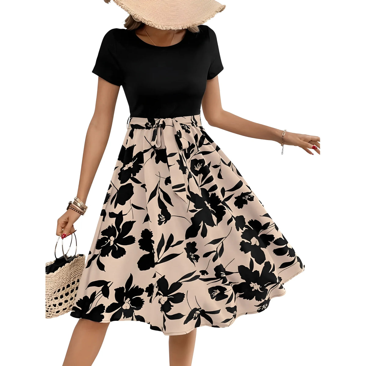 Women's Knitting Printed Round Neck Short Sleeve Dress (Cream)
