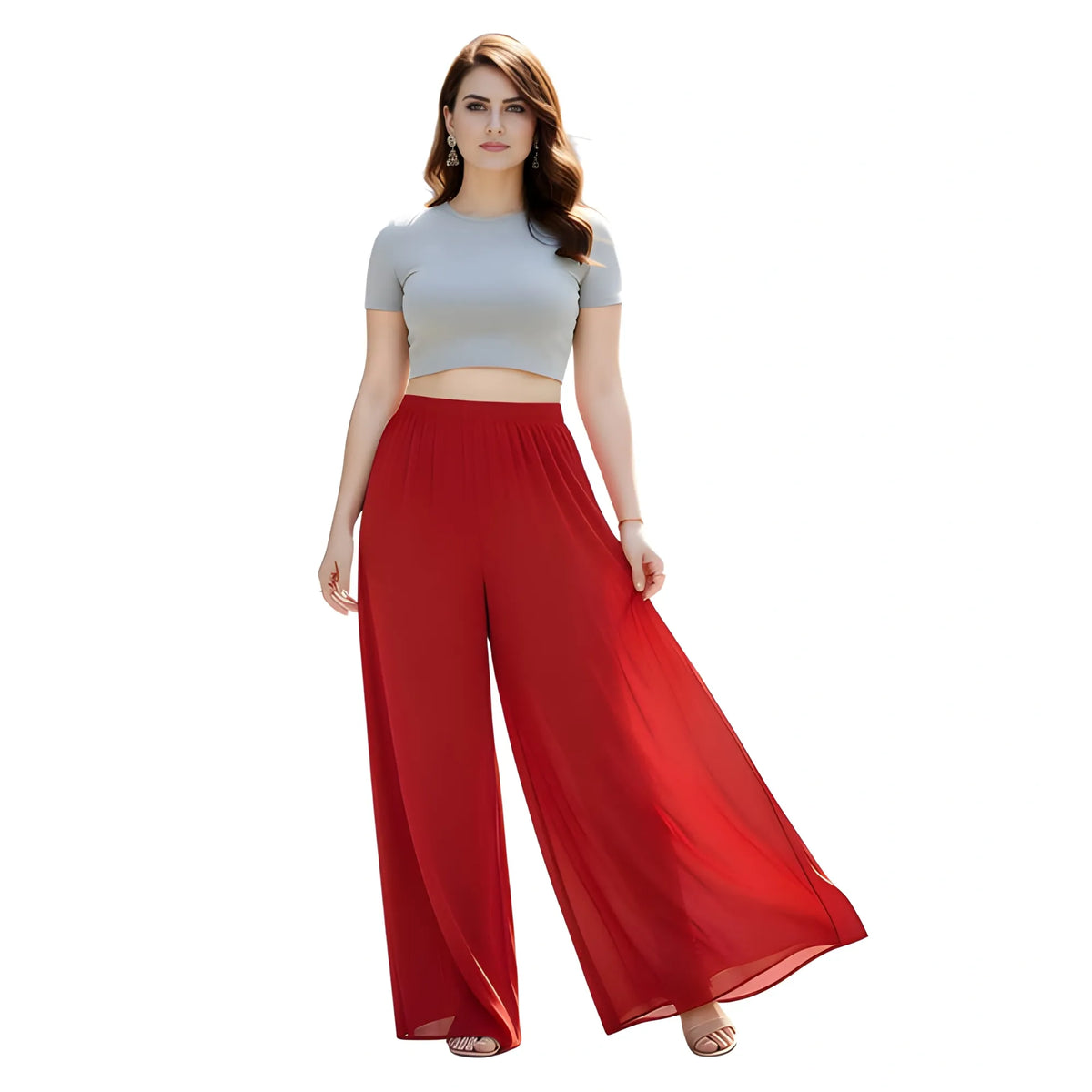 Women's Pack of 1 Georgette Solid High Rise Wide Leg Flared Palazzo with Elastic Waist (Red)