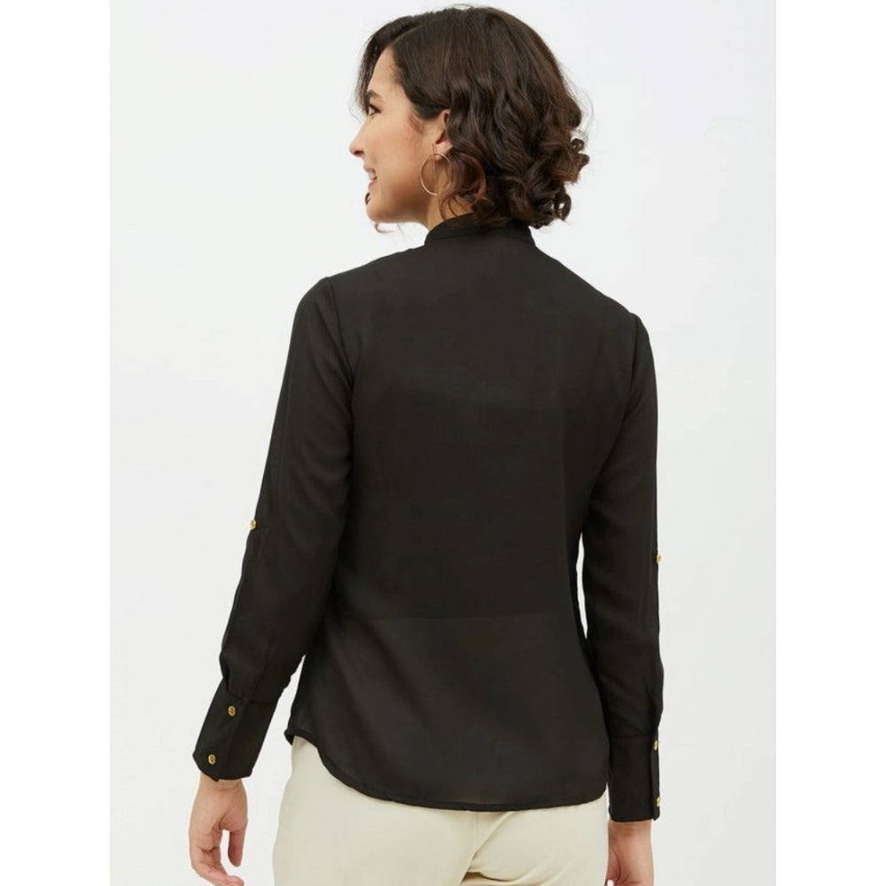 Women's Polyester Ruffled Long Sleeves Standard Length Shirt (black) | Women Signature Collection