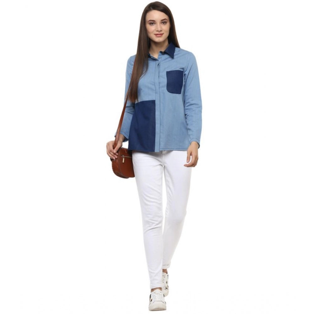 Women's Denim Patch Work Long Sleeves Regular Top (blue) | Women Signature Collection