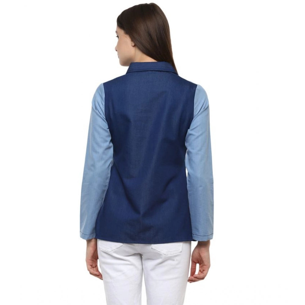 Women's Denim Patch Work Long Sleeves Regular Top (blue) | Women Signature Collection