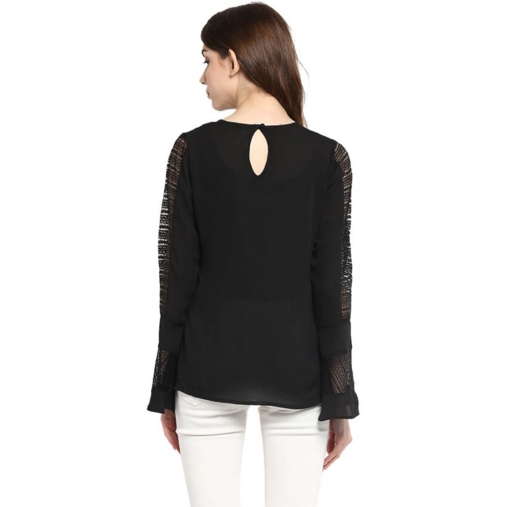 Women's Polyester Georgette Self Design Bell Sleeve Regular Top (black) | Women Signature Collection