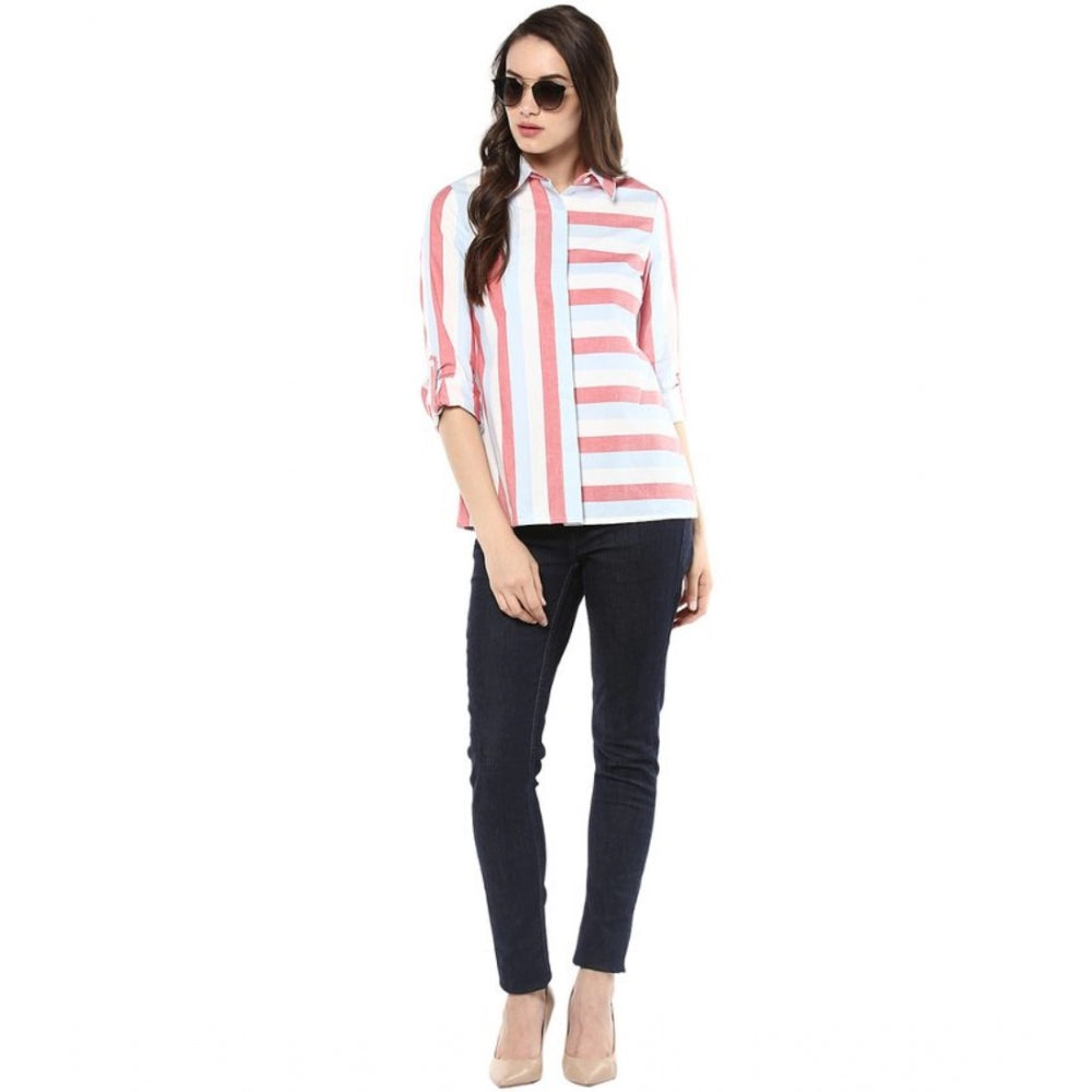Women's Cotton Striped Roll Up Sleeve Regular Top (red) | Women Signature Collection