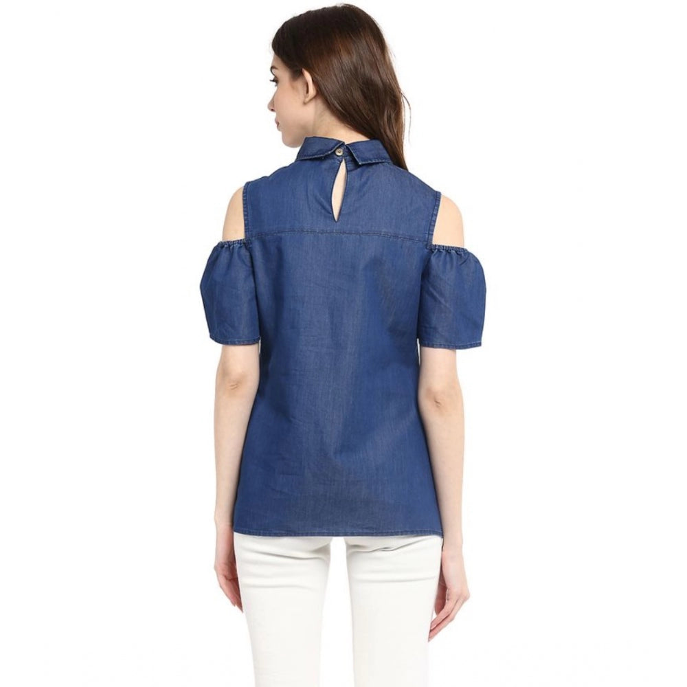 Women's Denim Solid Cold Shoulder Regular Top (blue) | Women Signature Collection