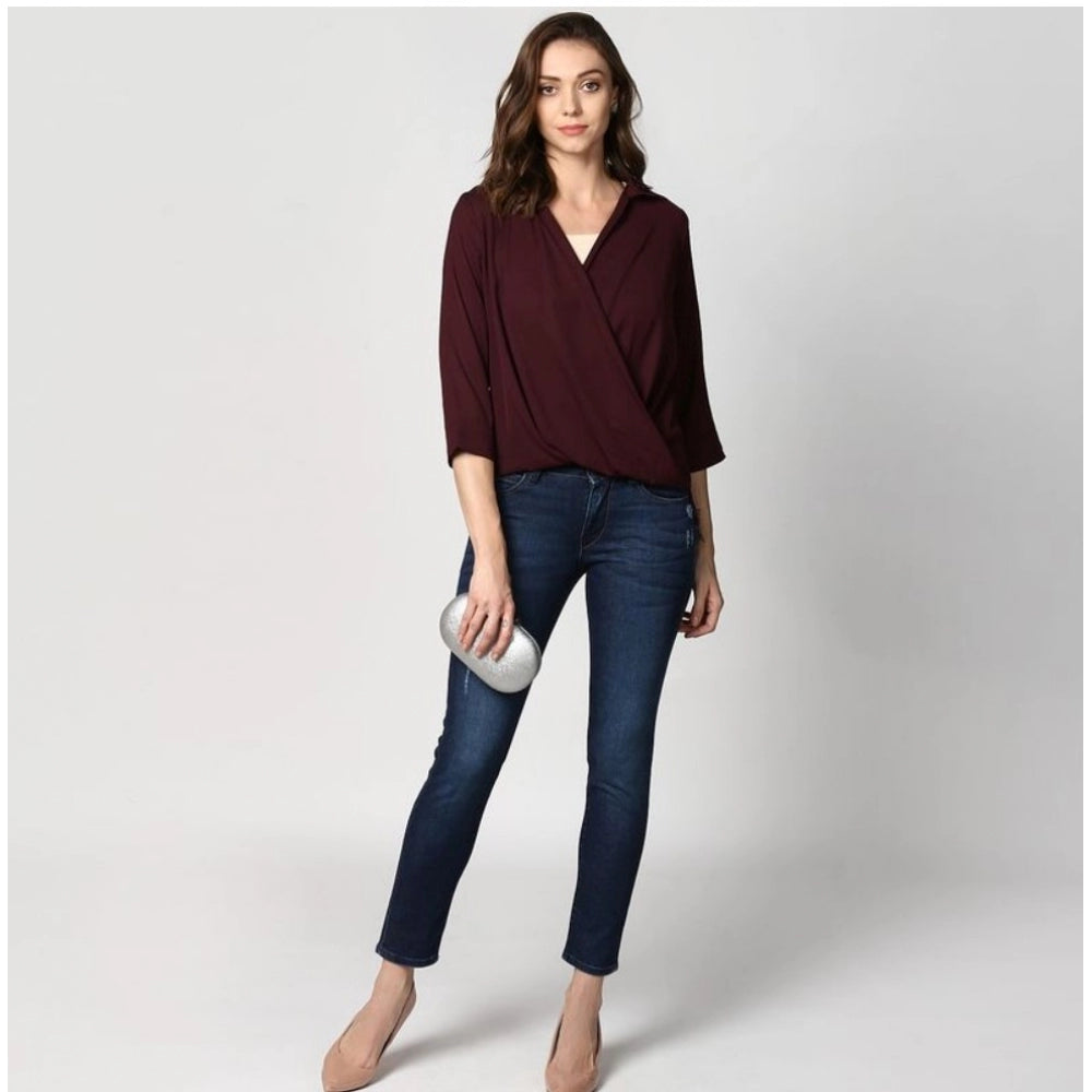 Women's Polyester Solid 3 4th Sleeves Top (maroon) | Women Signature Collection