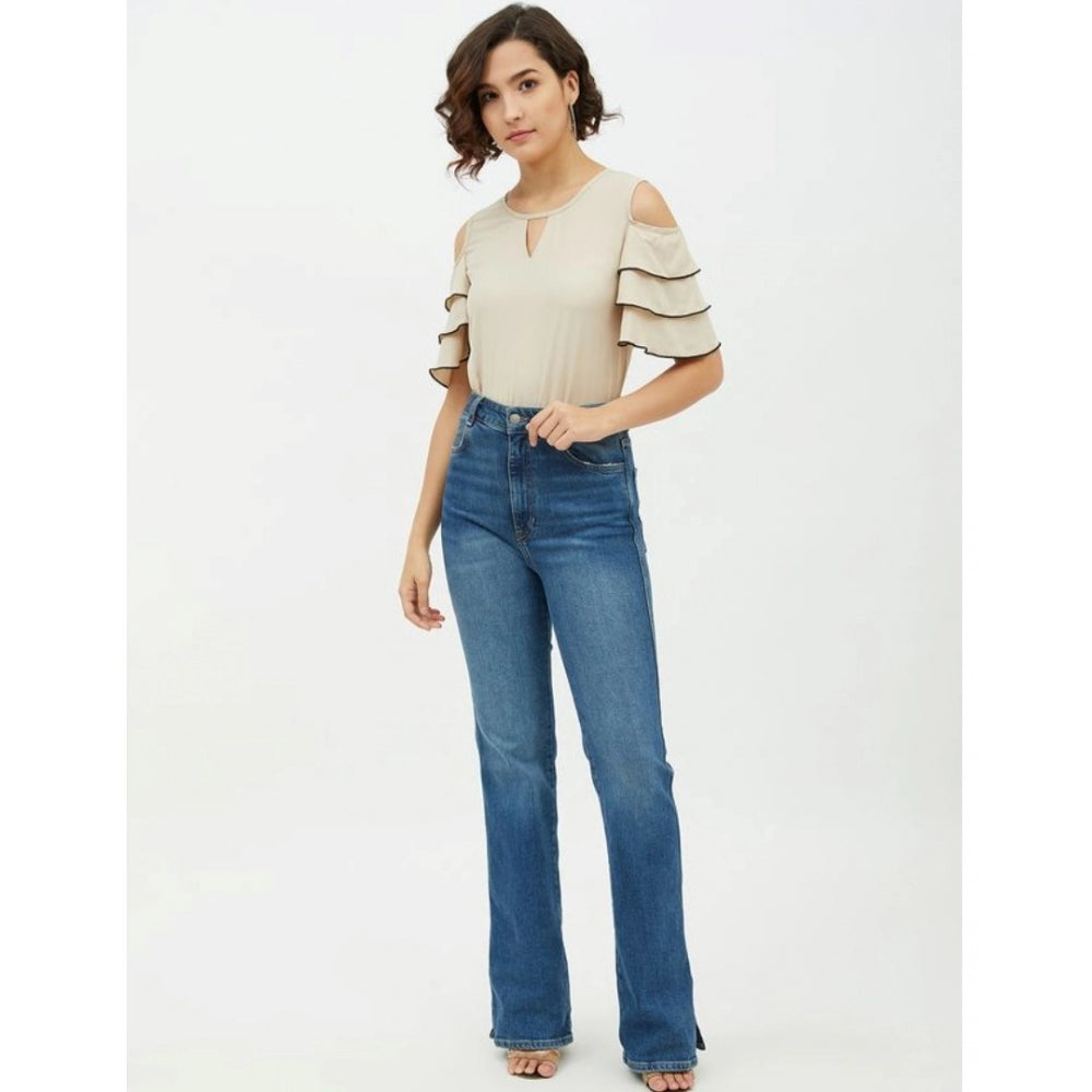 Women's Polyester Tiered Cold Shoulder Top (beige) | Women Signature Collection