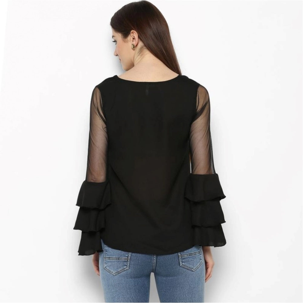 Women's Polyester Solid Tier Sleeve Top (black) | Women Signature Collection