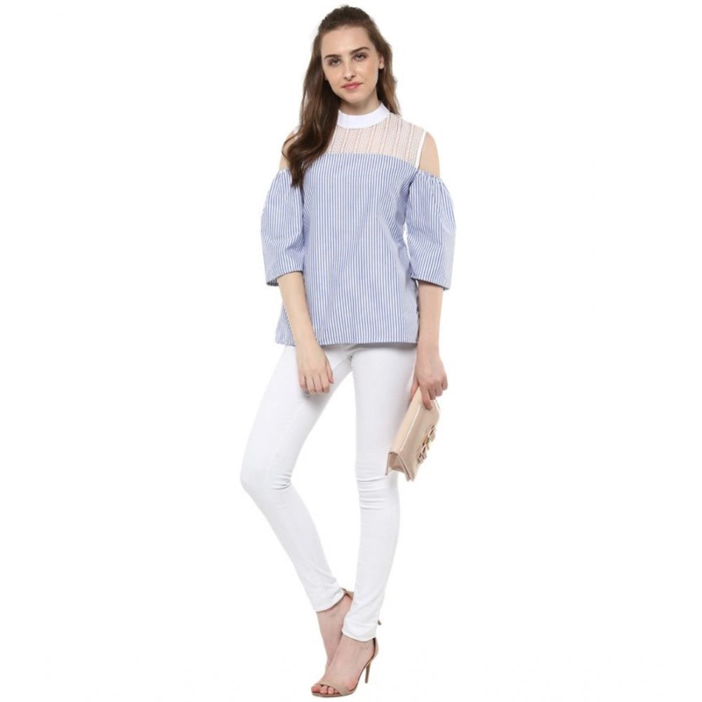 Women's Cotton Striped Cold Shoulder Top (blue) | Women Signature Collection