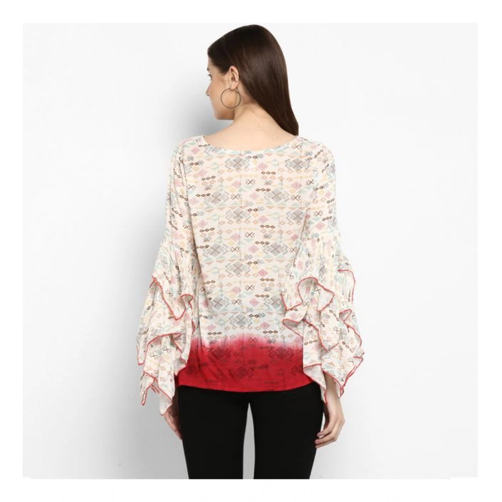 Women's Rayon Crepe Printed Ruffle Sleeve Top (off White Red) | Women Signature Collection