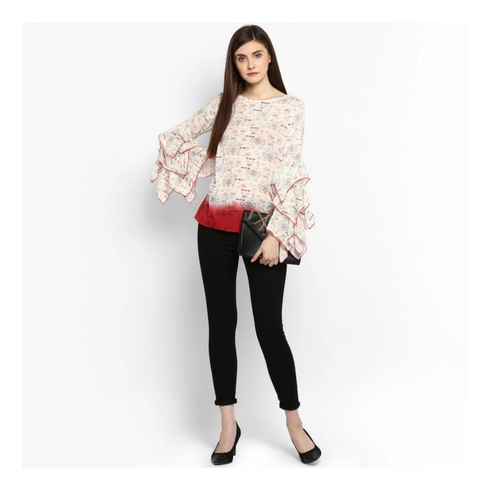 Women's Rayon Crepe Printed Ruffle Sleeve Top (off White Red) | Women Signature Collection
