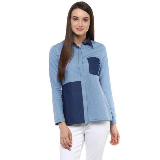 Women's Denim Patch Work Long Sleeves Regular Top (blue) | Women Signature Collection
