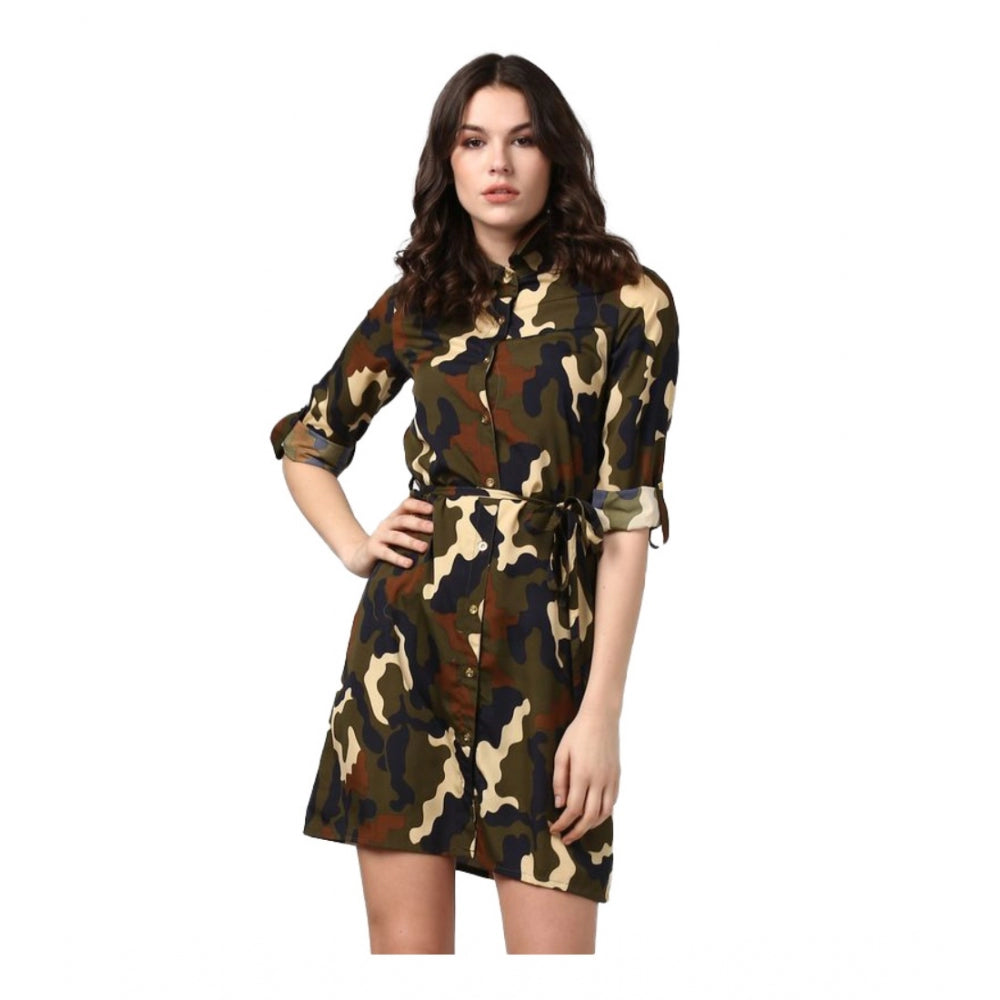 Women's Polyester Printed Roll Up Sleeve Tunic Top (green Black) | Women Signature Collection