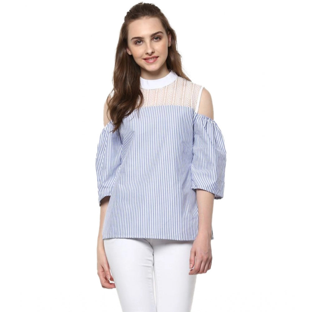Women's Cotton Striped Cold Shoulder Top (blue) | Women Signature Collection