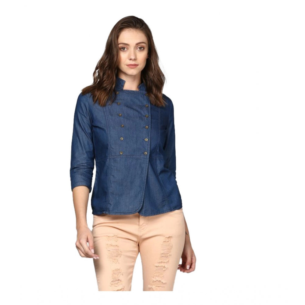 Women's Denim Solid 3 4th Sleeves Top (blue) | Women Signature Collection