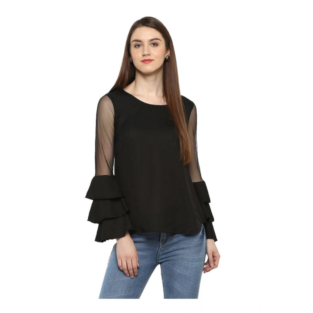 Women's Polyester Solid Tier Sleeve Top (black) | Women Signature Collection