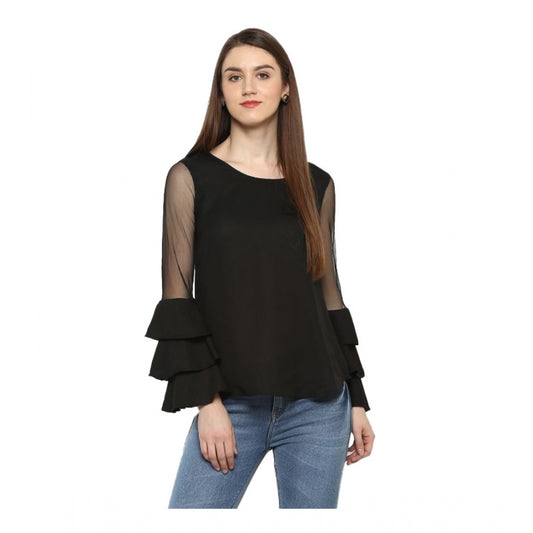 Women's Polyester Solid Tier Sleeve Top (black) | Women Signature Collection
