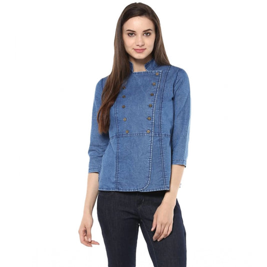 Women's Denim Solid 3 4th Sleeves Regular Top (blue) | Women Signature Collection