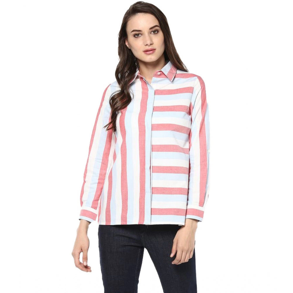 Women's Cotton Striped Roll Up Sleeve Regular Top (red) | Women Signature Collection