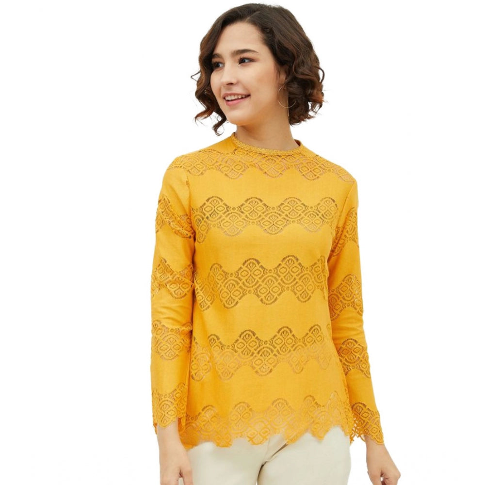 Women's Cotton Lace Inserts Long Sleeves Top (yellow) | Women Signature Collection
