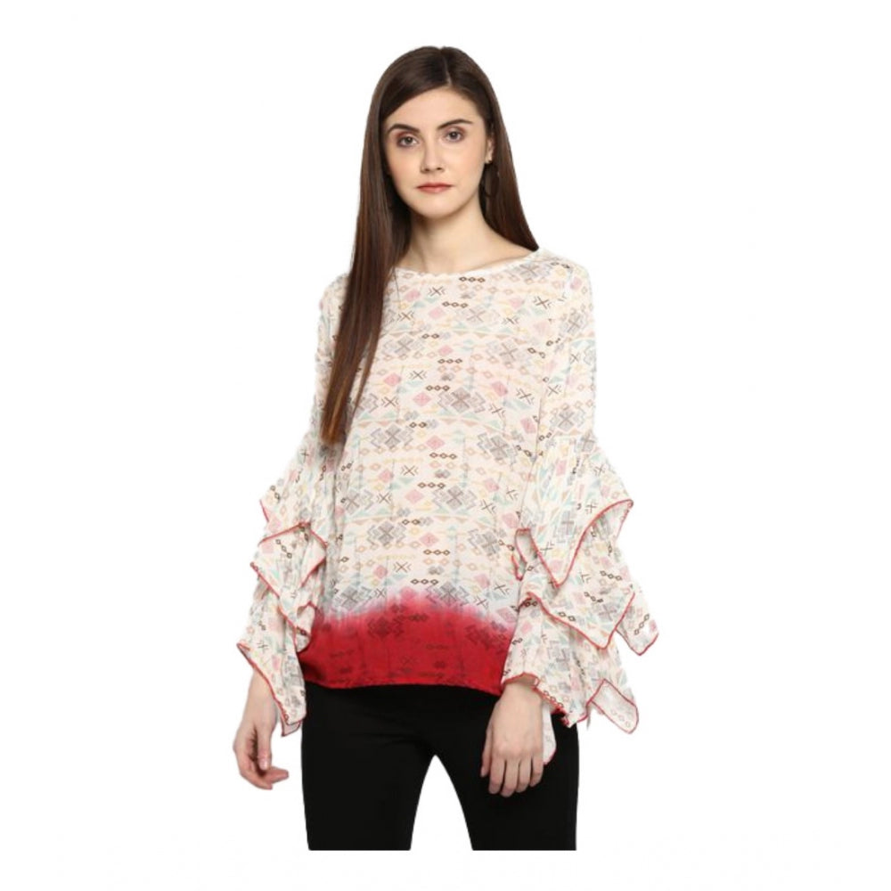 Women's Rayon Crepe Printed Ruffle Sleeve Top (off White Red) | Women Signature Collection
