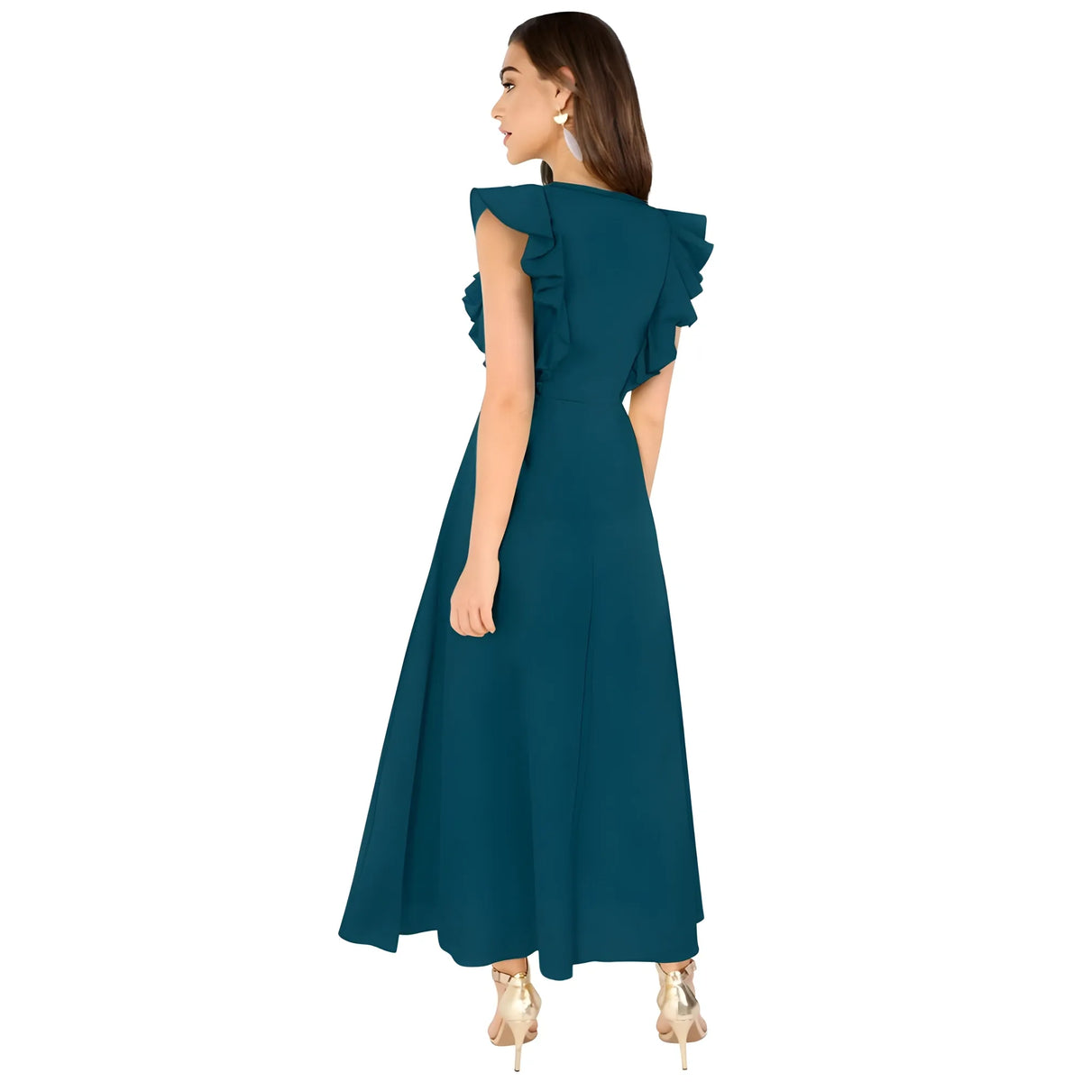 Women's Knitting stretchable Solid Round Neck Ruffled Sleeve Dress (Morpich)