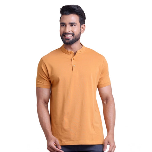 Men's Casual Cotton Solid Half Sleeve Mandarin Collar T Shirt (brown) | Men Signature Collection