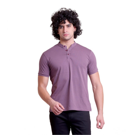 Men's Casual Cotton Solid Half Sleeve Mandarin Collar T Shirt (berry) | Men Signature Collection