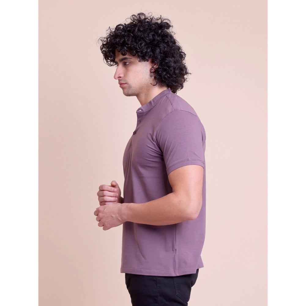 Men's Casual Cotton Solid Half Sleeve Mandarin Collar T Shirt (berry) | Men Signature Collection