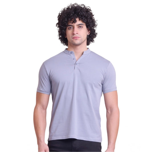 Men's Casual Cotton Solid Half Sleeve Mandarin Collar T Shirt (teegrey) | Men Signature Collection