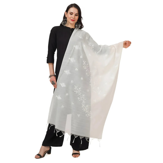 Women's Cotton Embroidered Dupatta (White, Length:  2.25 to 2.50 Mtr)