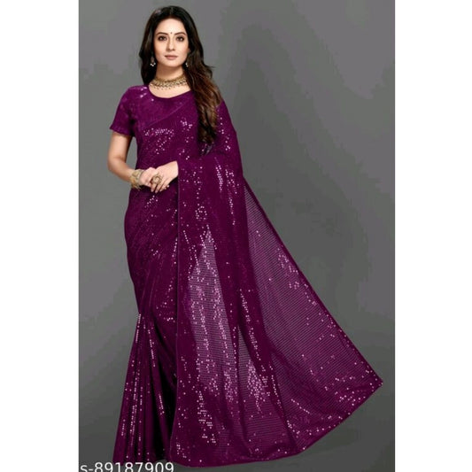 Women's Georgette Embellished Sequnece Bollywood Saree With Unstitched Blouse 5.5mtr (purple) | Women Signature Collection