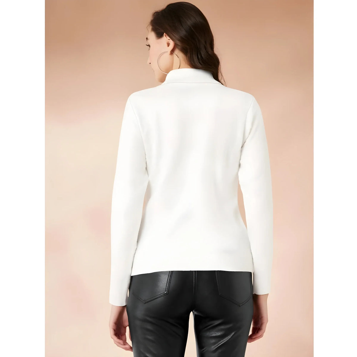 Women's Polyester Solid High Neck Full Sleeve T-Shirt (White)