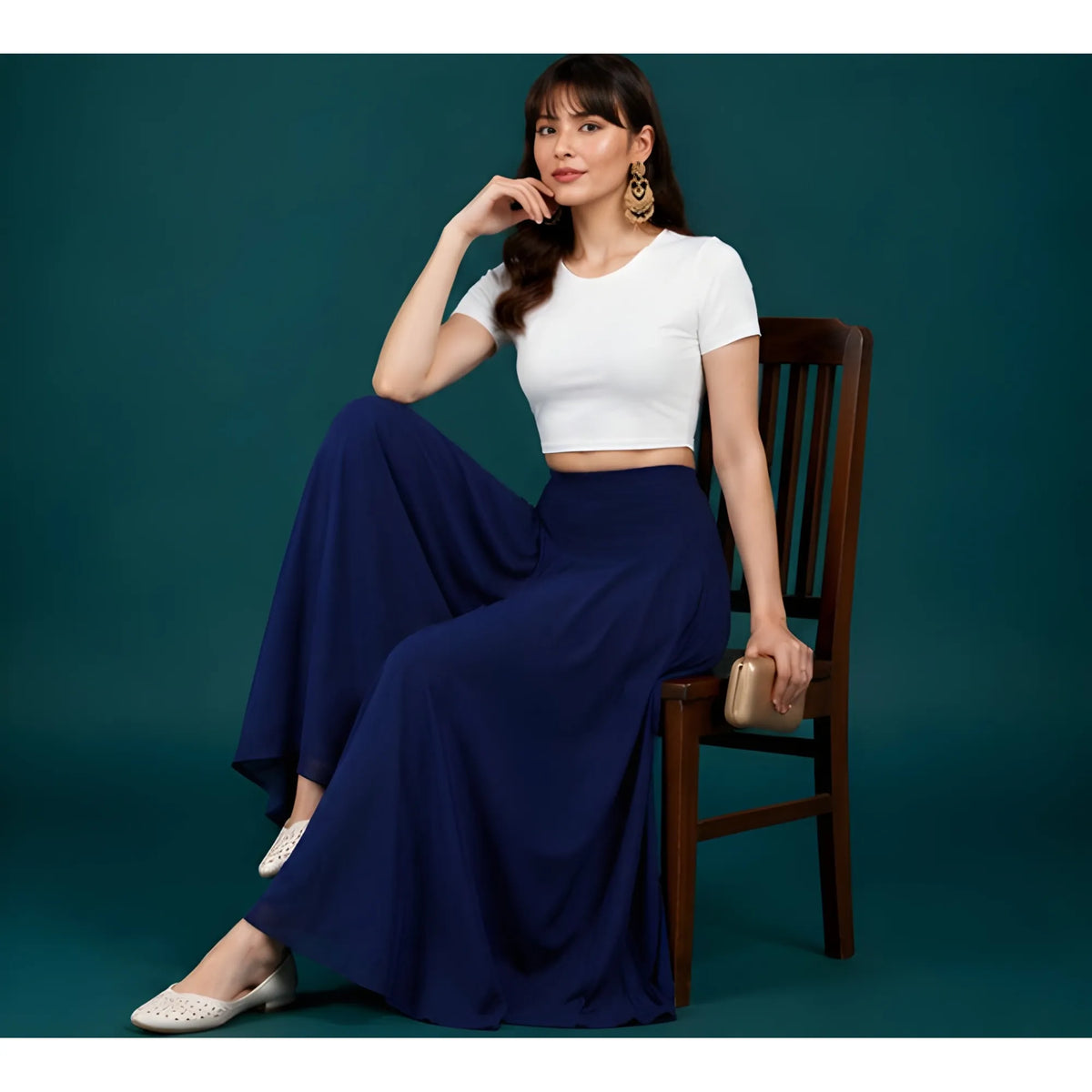 Women's Georgette Solid Mid-Rise Wide Leg Flared Palazzo with Elastic Waist (Navy Blue)