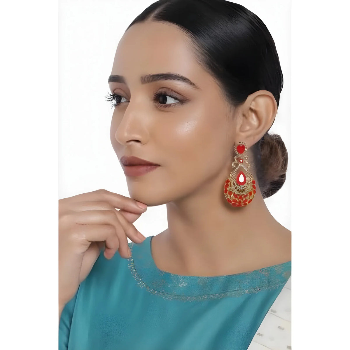 Women's Rose Gold Plated Alloy Earrings (Gold &amp; Red)