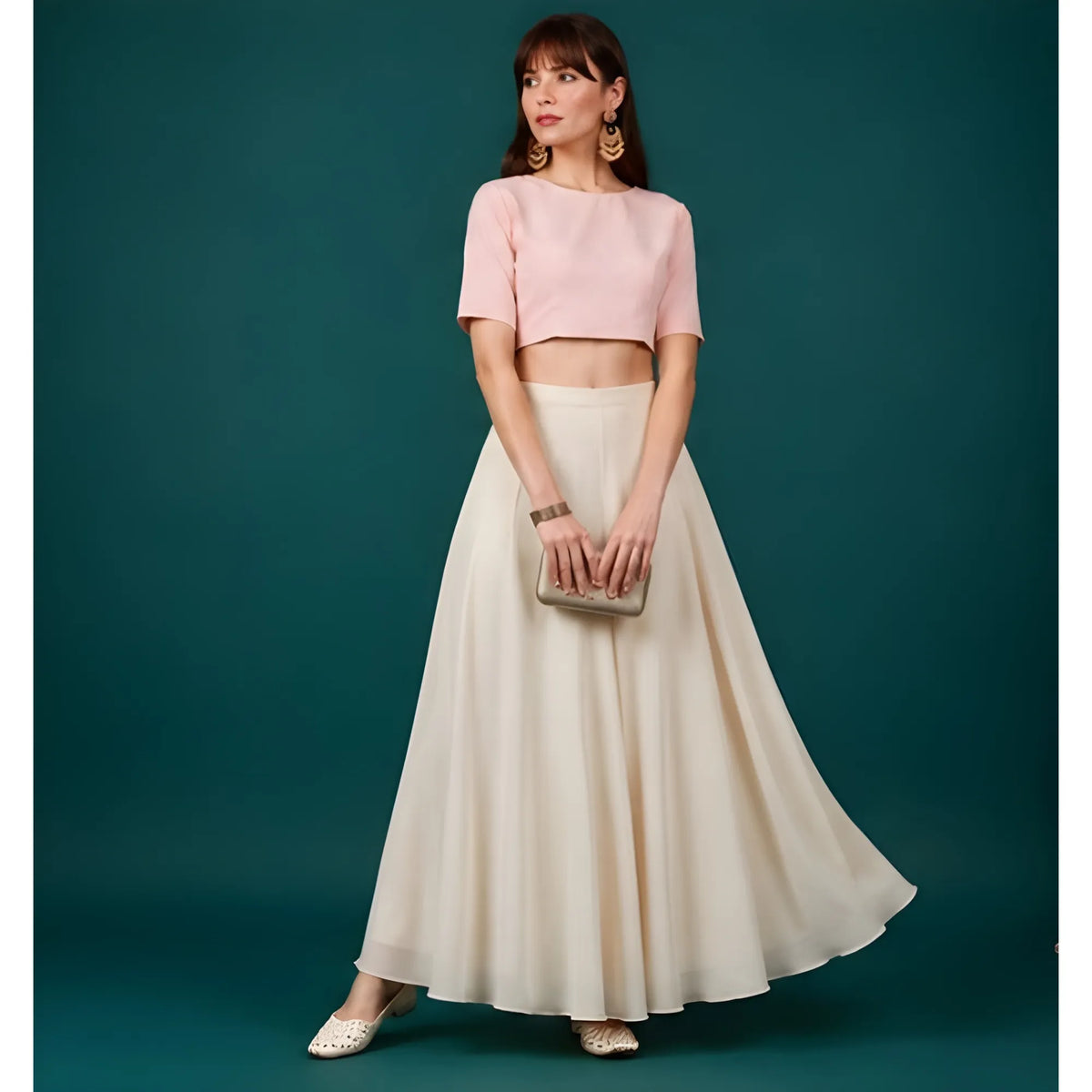 Women's Georgette Solid Mid-Rise Wide Leg Flared Palazzo with Elastic Waist (Cream)
