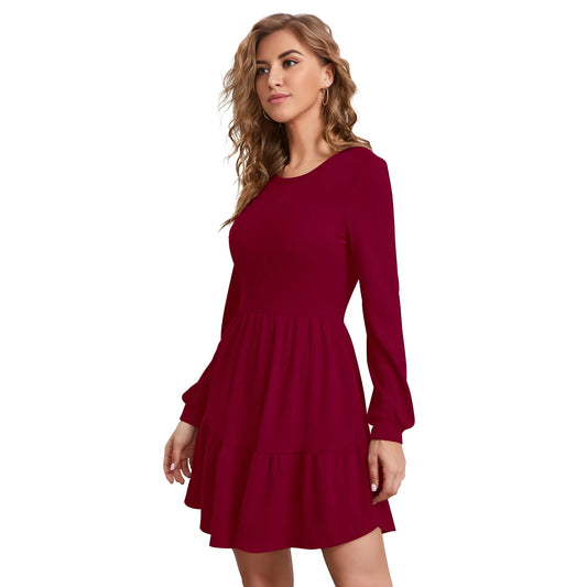Women's Knitting stretchable Solid Round Neck Full Sleeve Dress (Maroon)