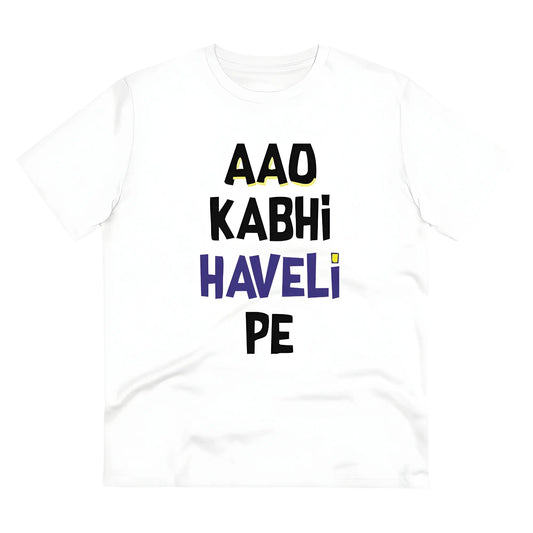Men's PC Cotton Aao Kabhi Haveli Pe Printed T Shirt (Color: White, Thread Count: 180GSM)