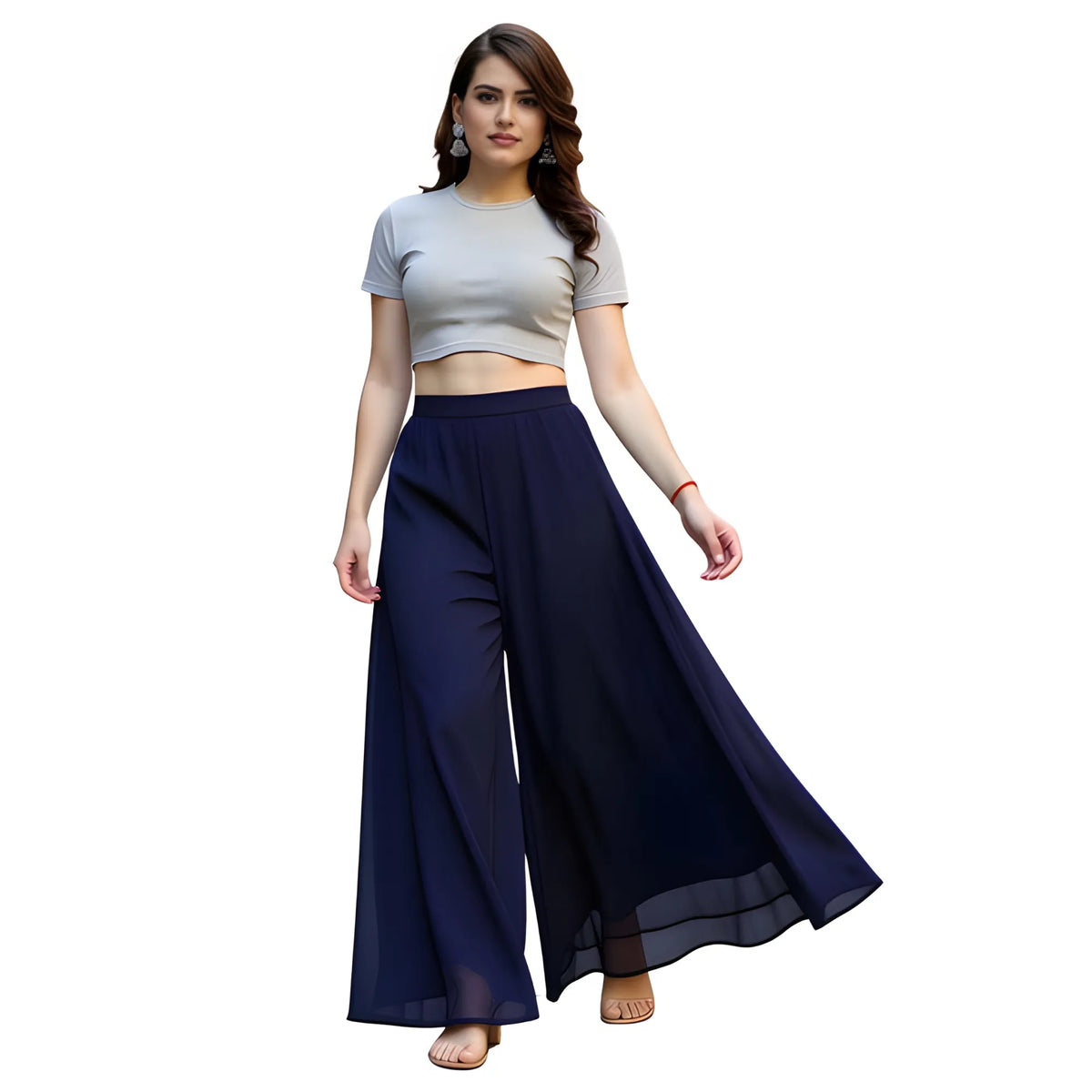 Women's Pack of 1 Georgette Solid High Rise Wide Leg Flared Palazzo with Elastic Waist (Navy Blue)