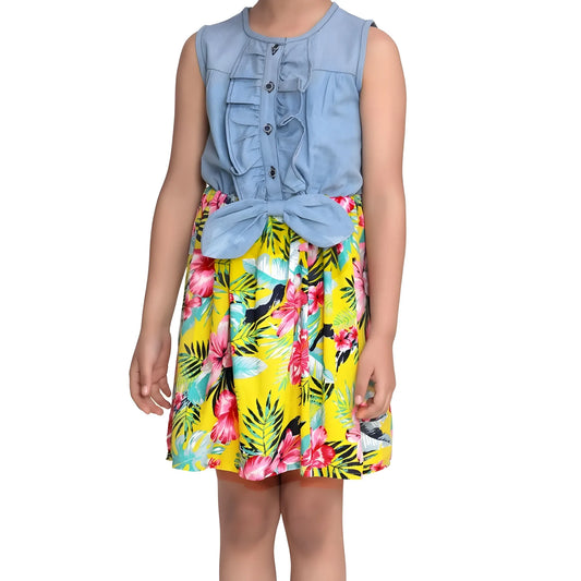 Girl's Denim Floral Sleeveless Dress (blue Yellow) | Kids Signature Collection
