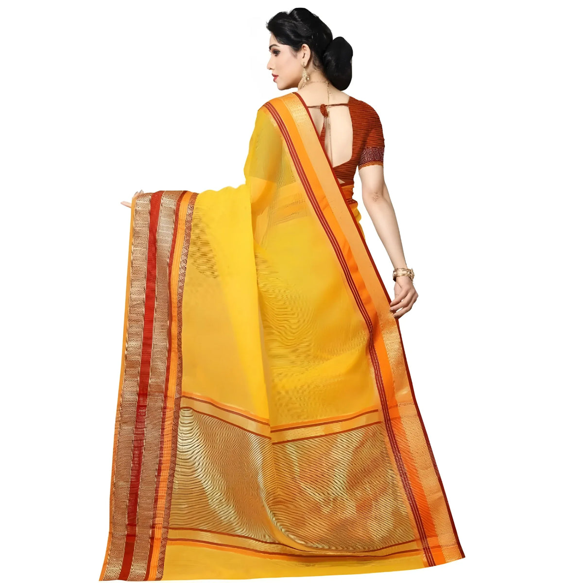 Women's Kota Doria Cotton Border Saree With Blouse (Yellow, 5-6 Mtrs)